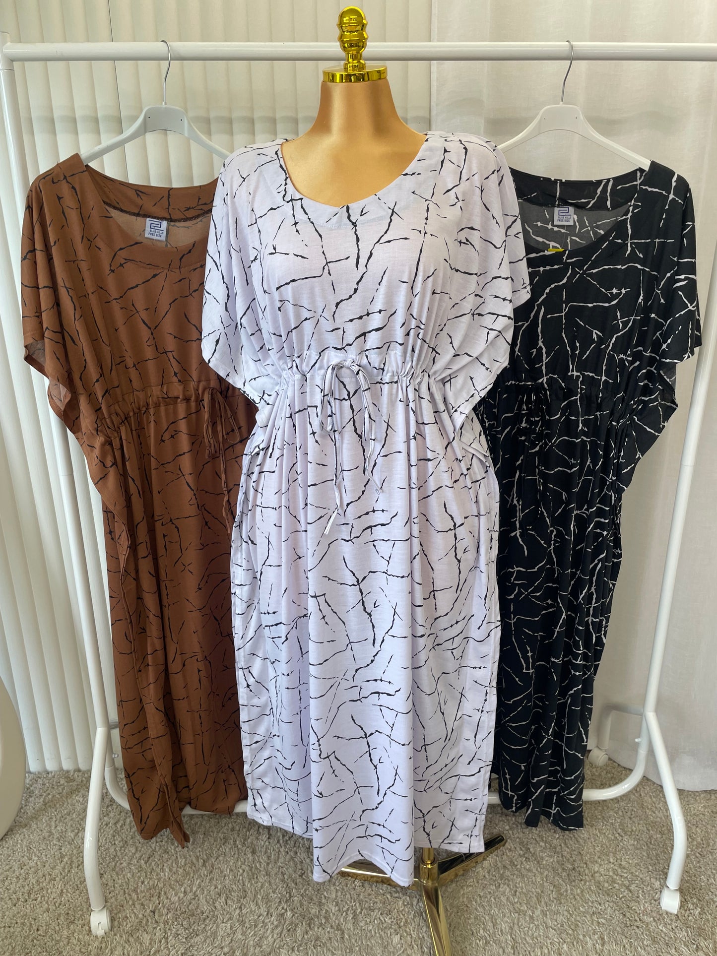 Abstract Print Drawstring Midi Dress - One Size UK10-24 THICC FASHIONS (1608)