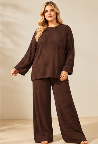Ribbed 2 Piece Lounge Set – Wide Leg Trousers & Oversized Top | One Size UK10-24 Stretch Co-Ord Set THICC FASHIONS Curve Plus Size women’s
