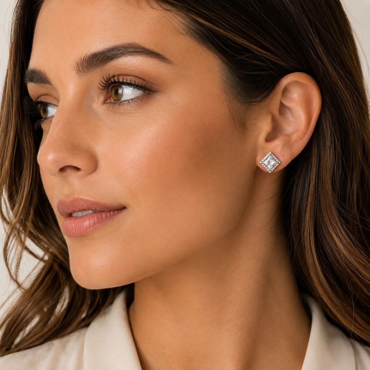 Princess Cut Halo Stud Earrings – Sparkling Crystal Square Studs