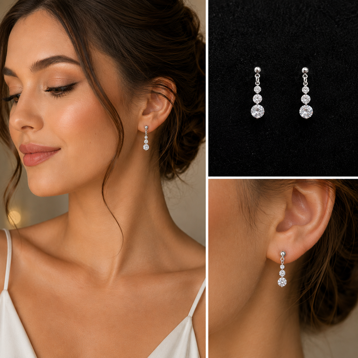 Triple Round Cubic Zirconia Drop Earrings