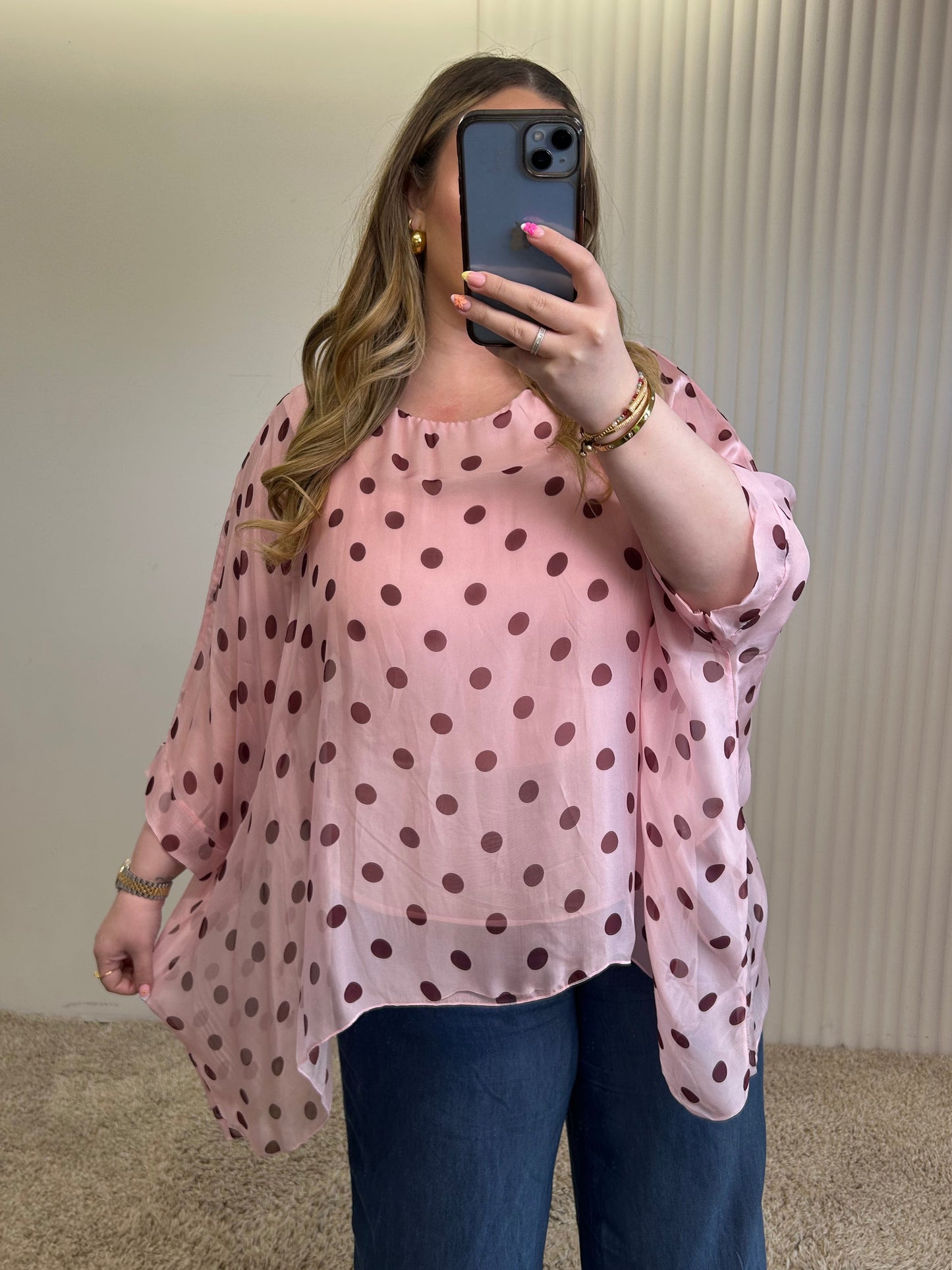 Elegant Sheer Polka Dot Overlay Tunic Top