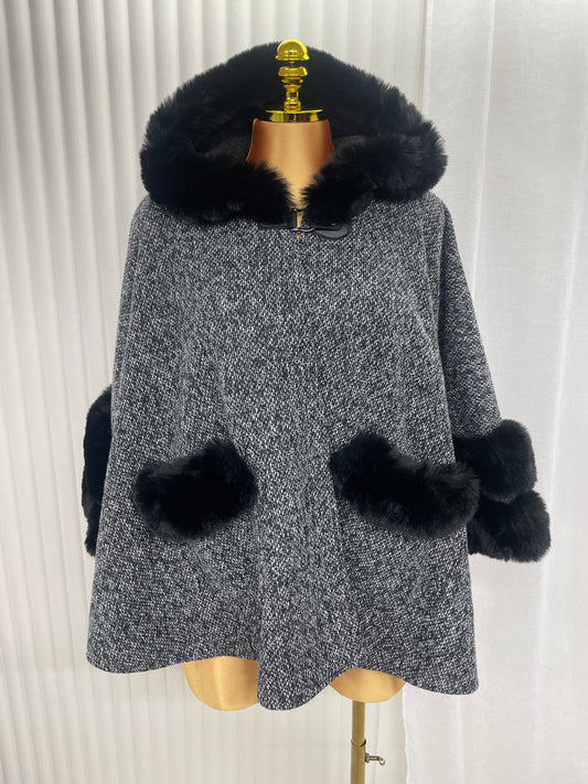Luxury Faux Fur Trim Knitted Cape Poncho – Oversized Ladies Winter Wrap with Faux Fur Collar & Pockets - One size 10-24 THICC FASHIONS CURVE