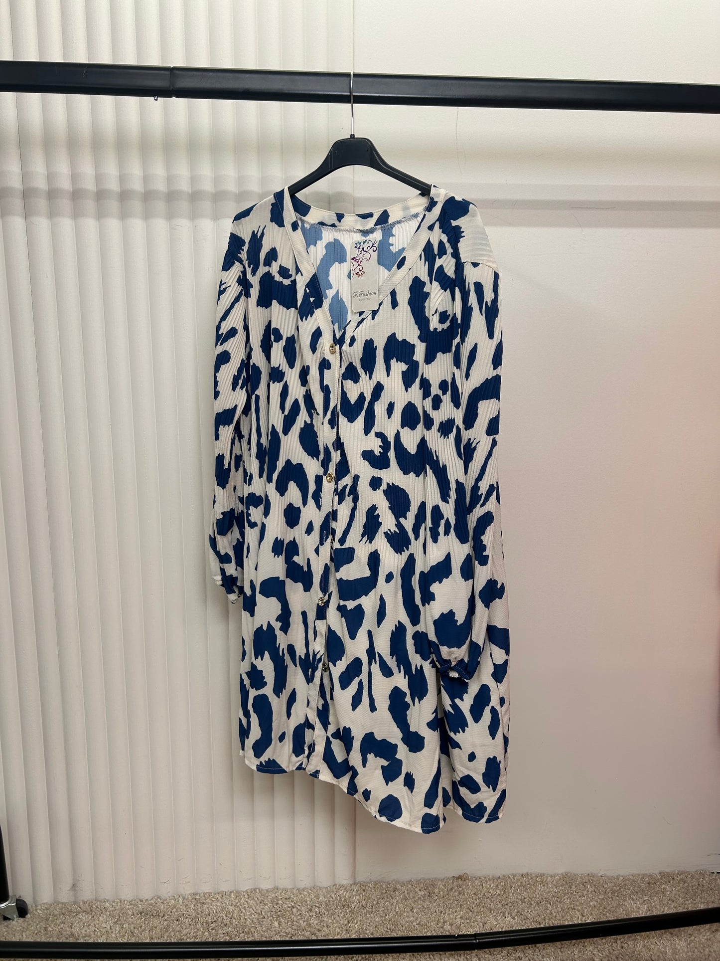 Pleated Print Tunic Shirt Dress – Relaxed Fit Button Front
