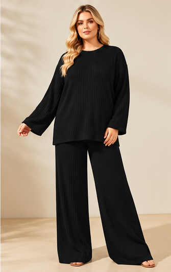 Ribbed 2 Piece Lounge Set – Wide Leg Trousers & Oversized Top | One Size UK10-24 Stretch Co-Ord Set THICC FASHIONS Curve Plus Size women’s