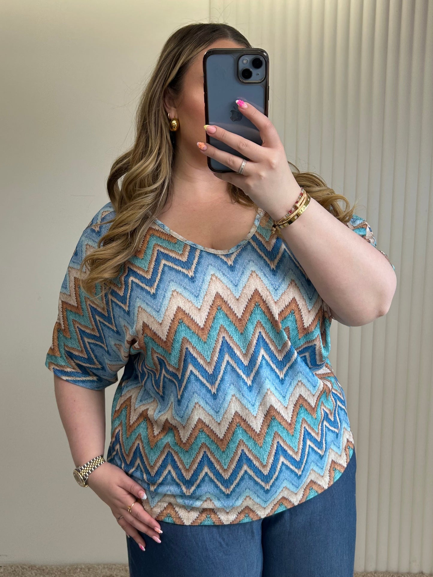 Zig-Zag Bow Back Lurex Relaxed Fit Top