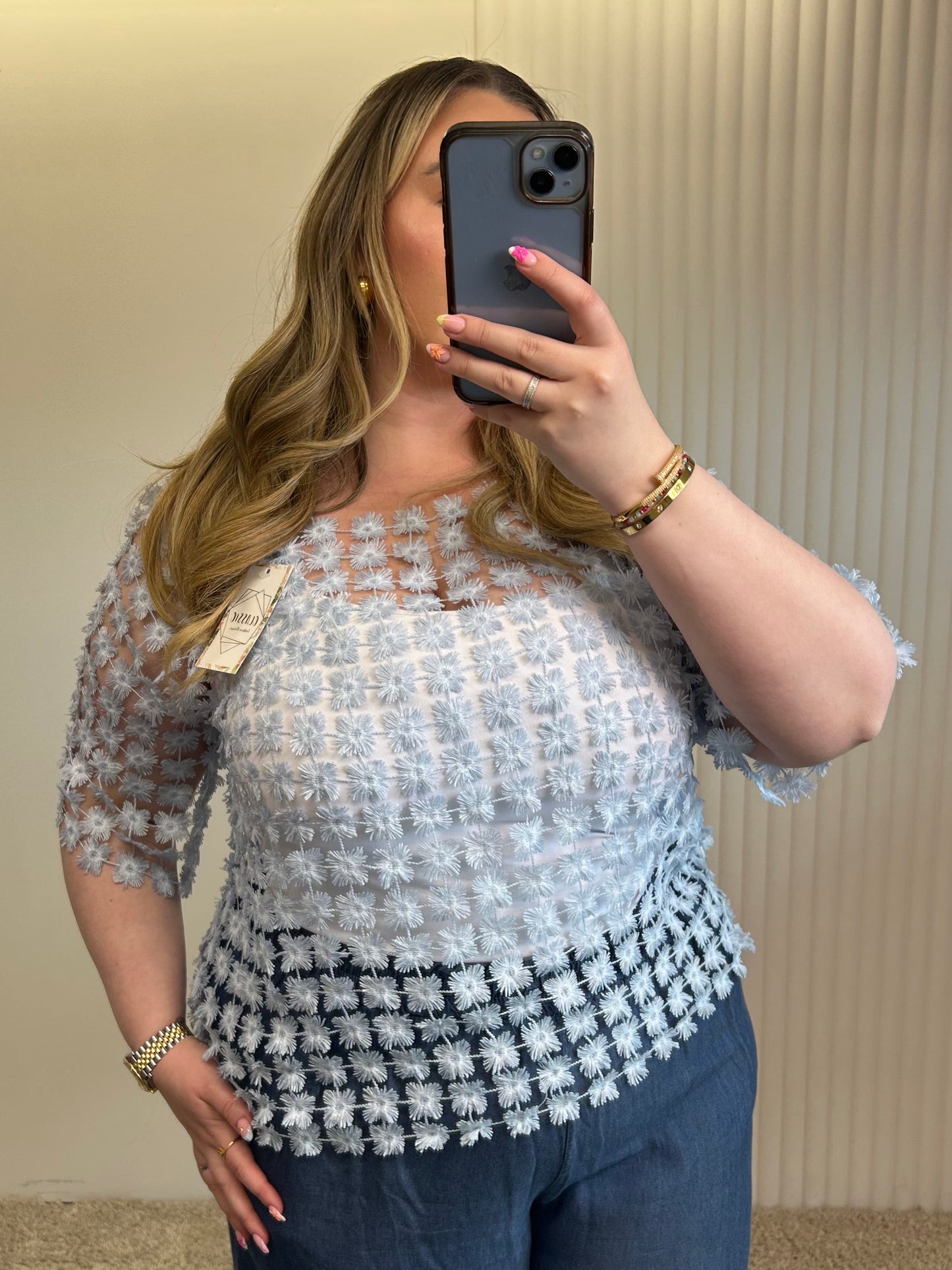 Floral Appliqué Sheer Top