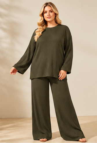 Ribbed 2 Piece Lounge Set – Wide Leg Trousers & Oversized Top | One Size UK10-24 Stretch Co-Ord Set THICC FASHIONS Curve Plus Size women’s