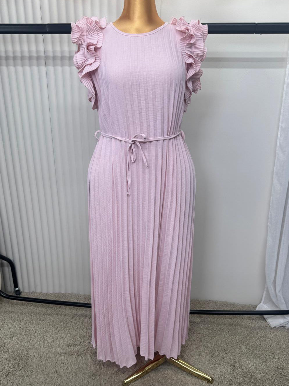 Pleated Frill Sleeve Belted Maxi Dress – One Size (UK 10–22)