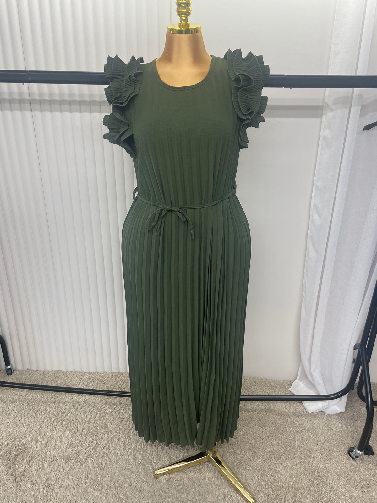 Pleated Frill Sleeve Midaxi Dress with Tie Waist – One Size UK 10–24