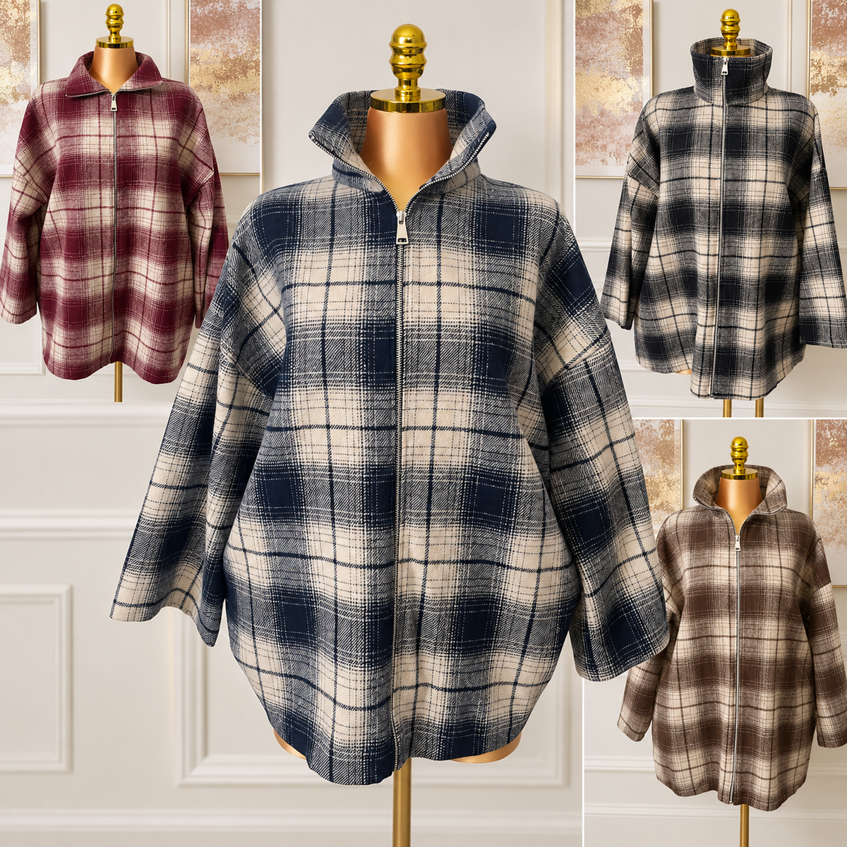 Oversized Check Zip-Up Jacket with Pockets - One Size UK10-20 THICC FASHIONS PLUS SIZE CURVE