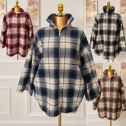 Oversized Check Zip-Up Jacket with Pockets - One Size UK10-20 THICC FASHIONS PLUS SIZE CURVE