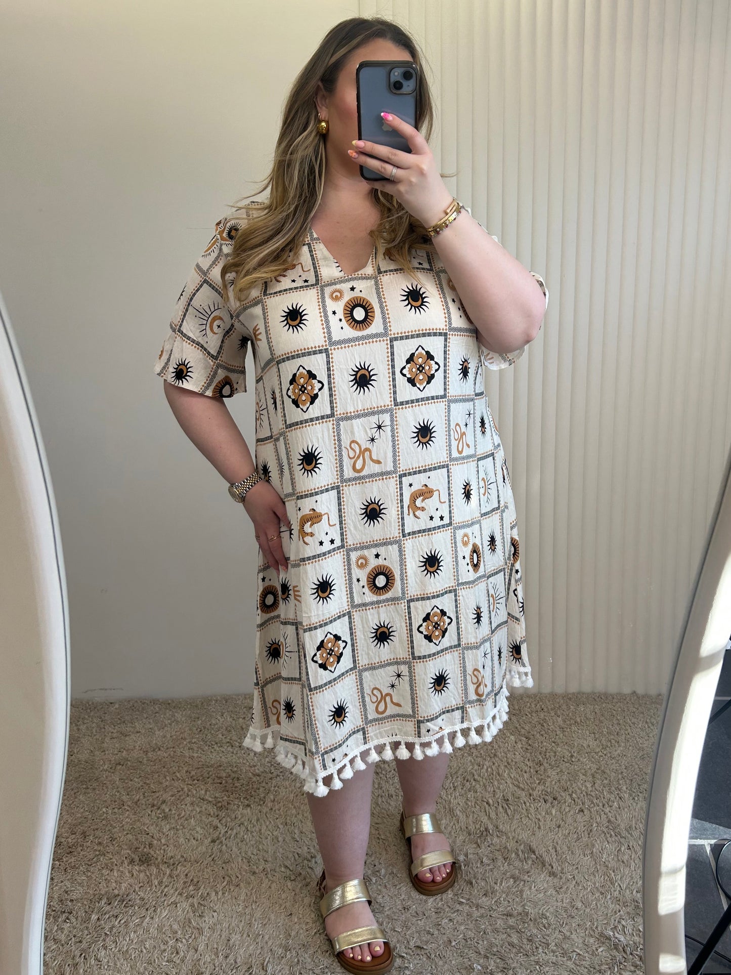 Mystic Print Tassel Hem Midi Dress