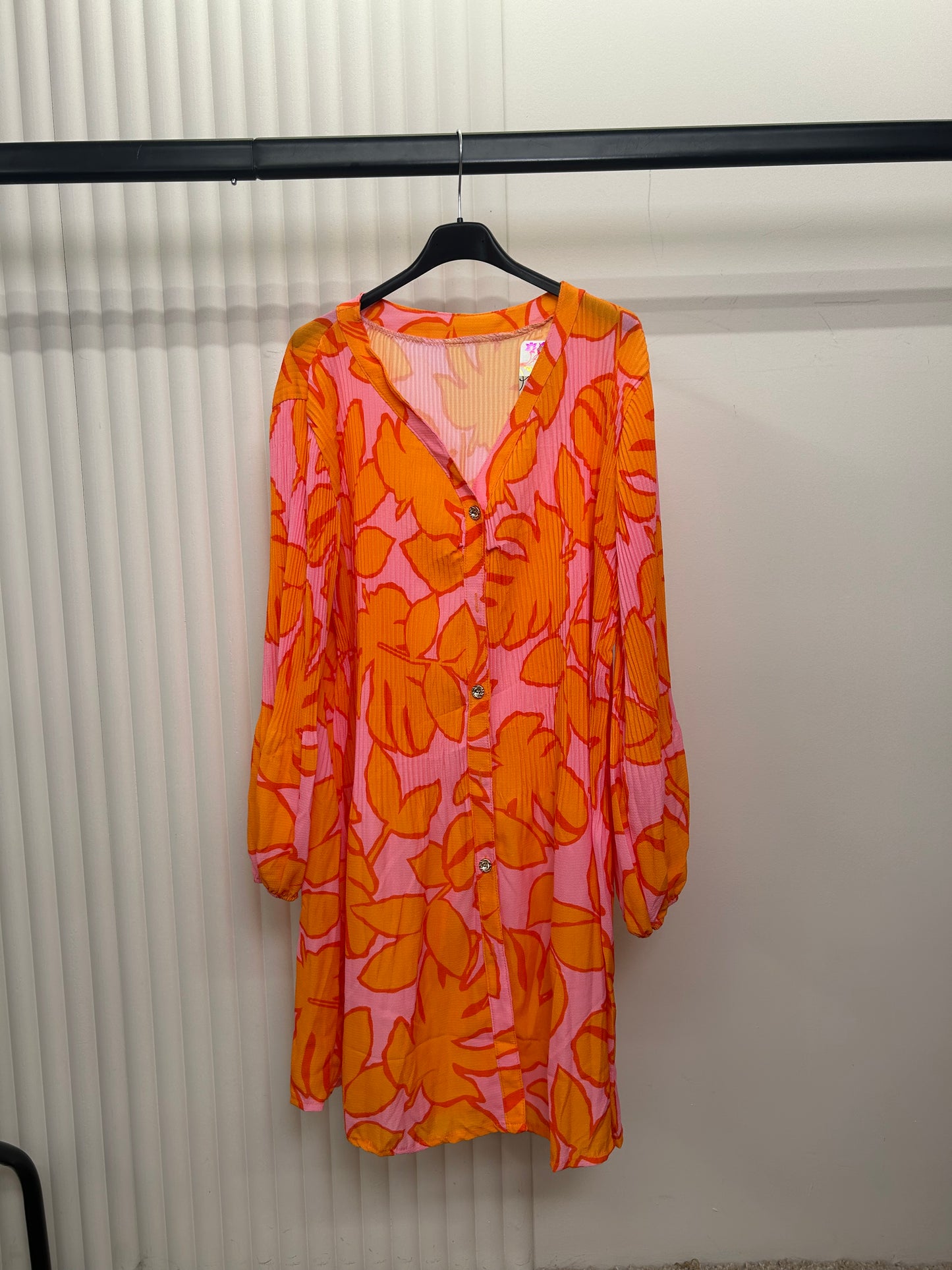 Pleated Print Tunic Shirt Dress – Relaxed Fit Button Front