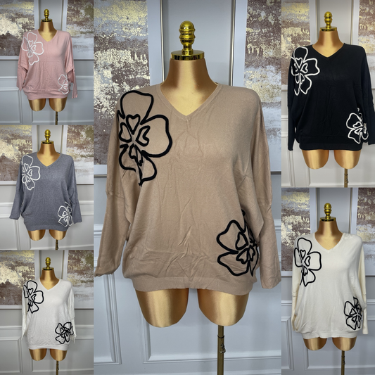 Floral Appliqué V-Neck Jumper - One Size UK10-22 THICC FASHIONS PLUS SIZE CURVE WOMENS
