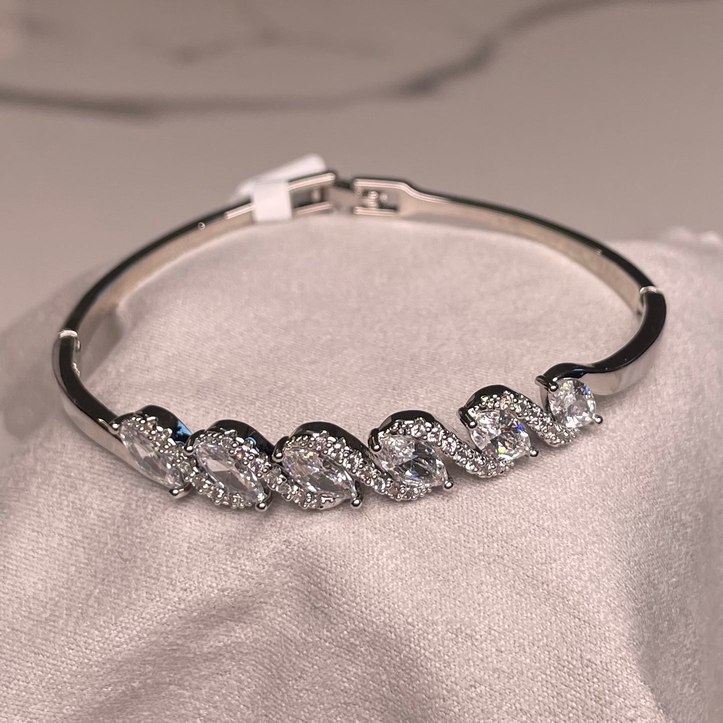 Elegant Silver Wave Crystal Cuff Bracelet