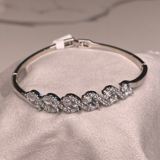 Elegant Silver Wave Crystal Cuff Bracelet