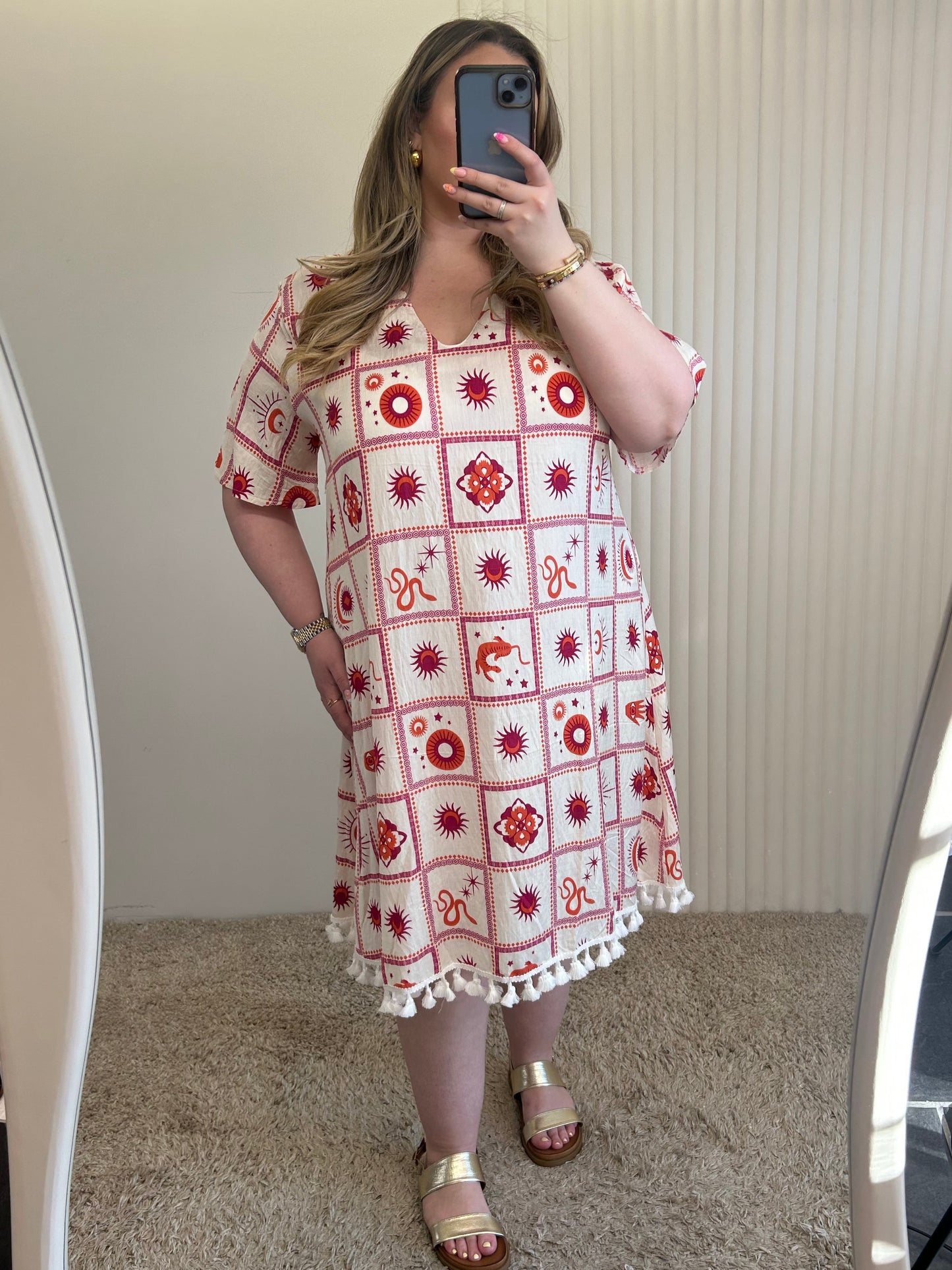 Mystic Print Tassel Hem Midi Dress