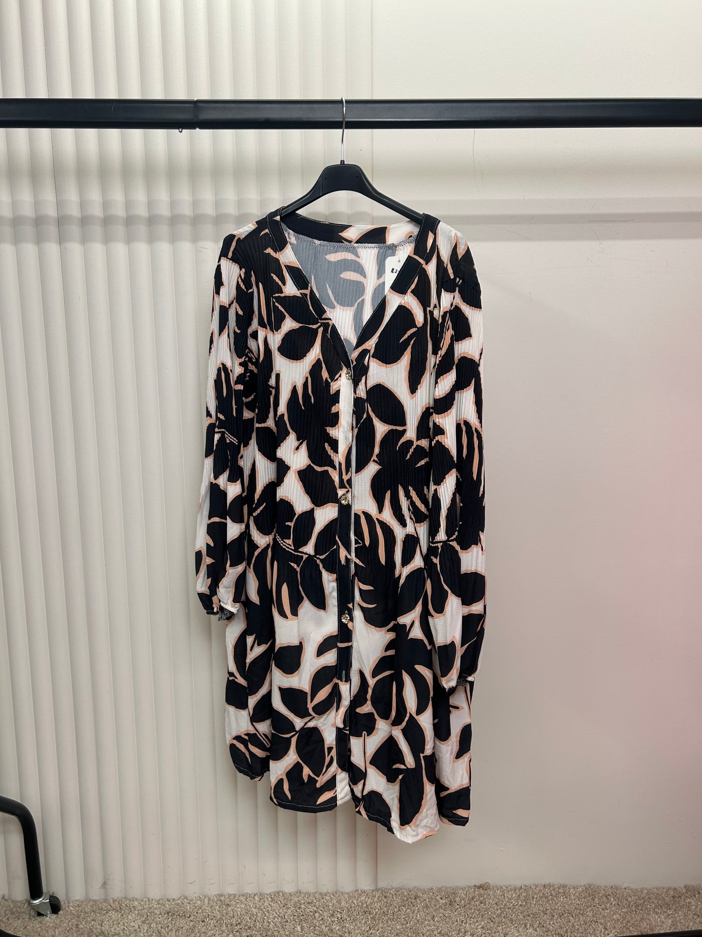 Pleated Print Tunic Shirt Dress – Relaxed Fit Button Front