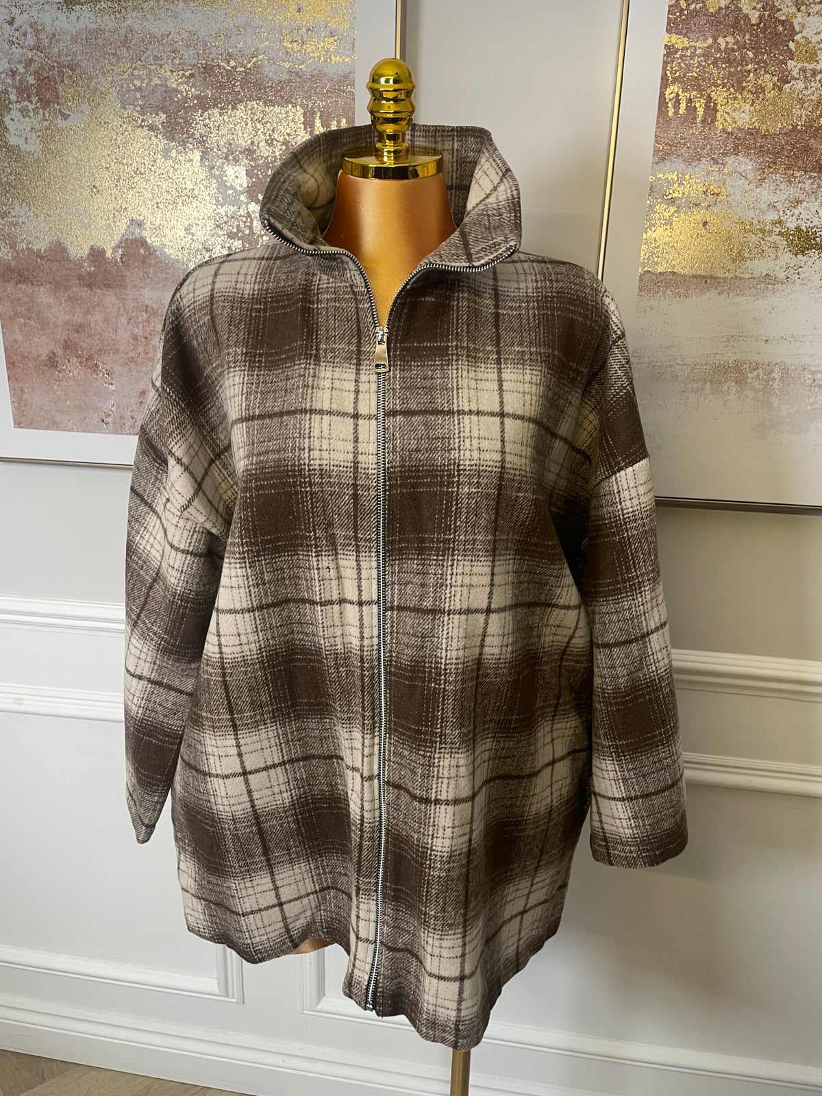 Oversized Check Zip-Up Jacket with Pockets - One Size UK10-20 THICC FASHIONS PLUS SIZE CURVE