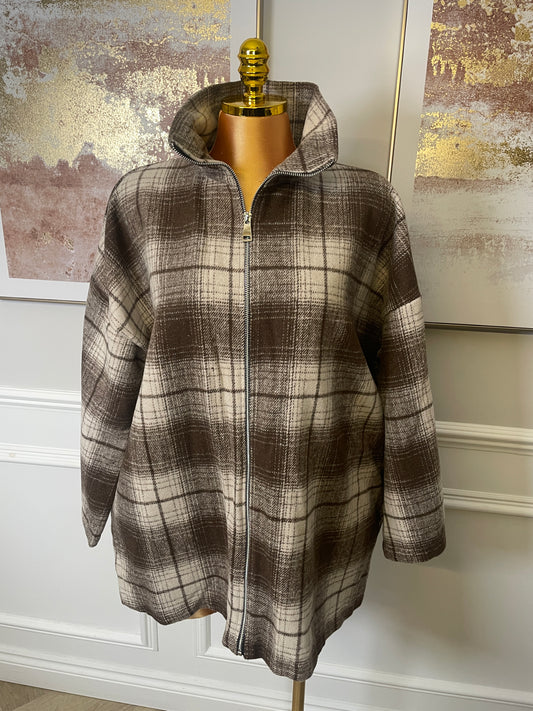 Oversized Check Zip-Up Jacket with Pockets - One Size UK10-20 THICC FASHIONS PLUS SIZE CURVE
