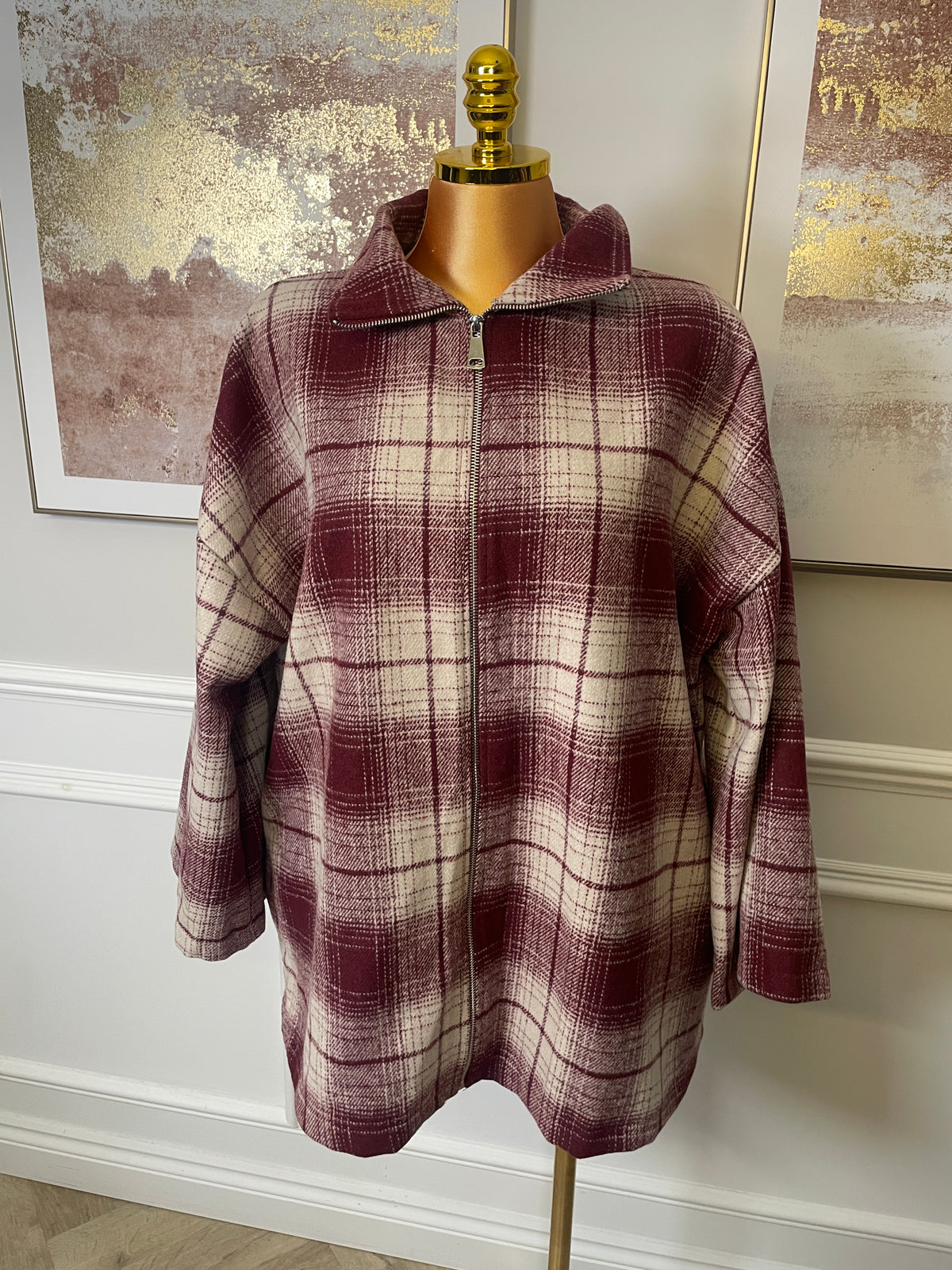 Oversized Check Zip-Up Jacket with Pockets - One Size UK10-20 THICC FASHIONS PLUS SIZE CURVE