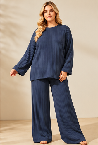Ribbed 2 Piece Lounge Set – Wide Leg Trousers & Oversized Top | One Size UK10-24 Stretch Co-Ord Set THICC FASHIONS Curve Plus Size women’s