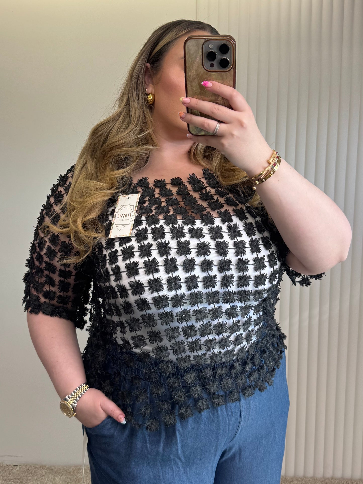 Floral Appliqué Sheer Top