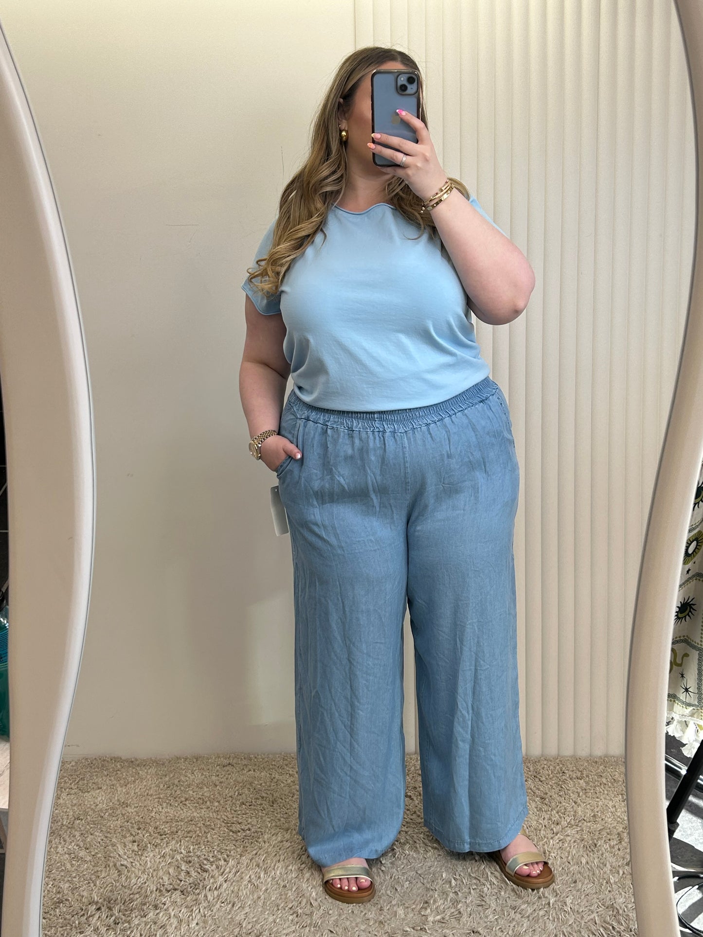 Lightweight Chambray Wide Leg Trousers