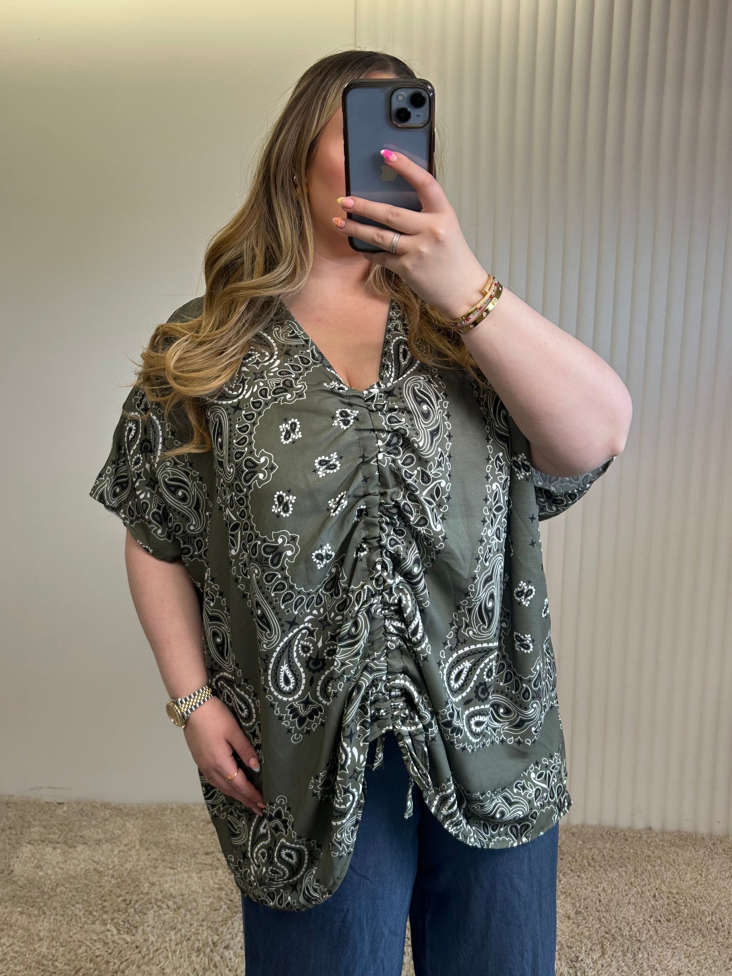 Ruched Front Paisley Print Oversized Blouse