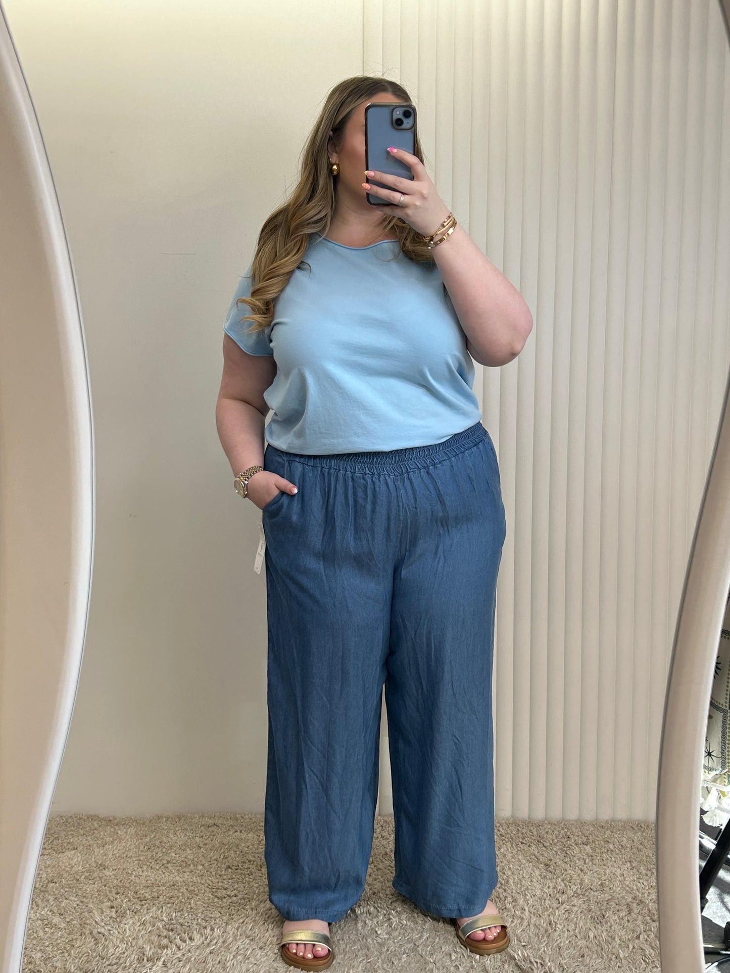 Lightweight Chambray Wide Leg Trousers