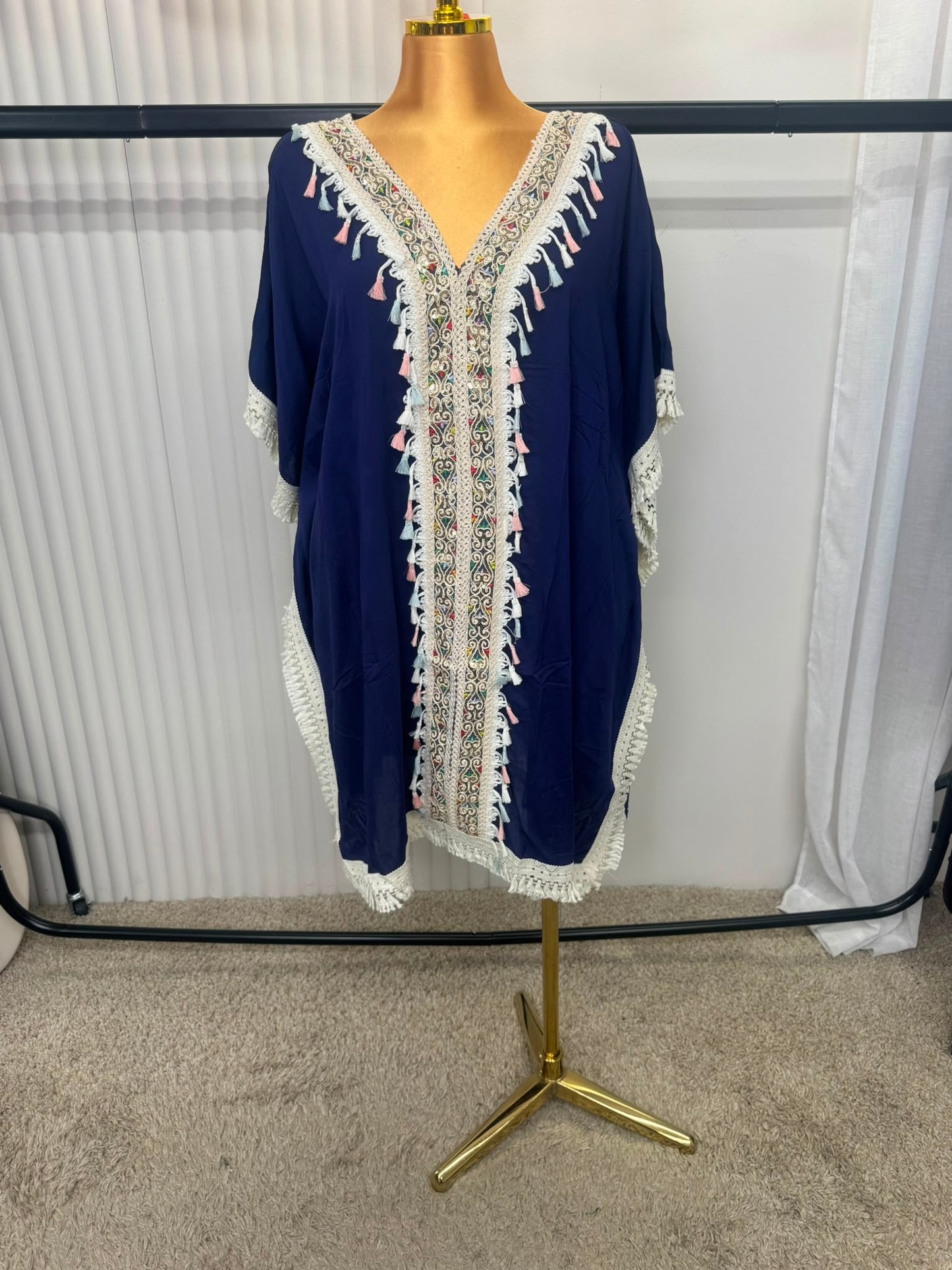 Boho Midi Tassel Trim Embroidered Kaftan Cover Up – One Size (UK 10–24)