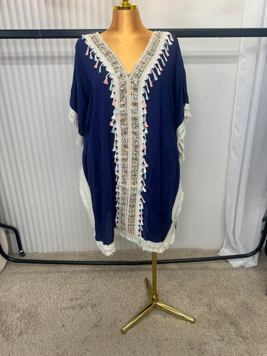 Boho Midi Tassel Trim Embroidered Kaftan Cover Up – One Size (UK 10–24)