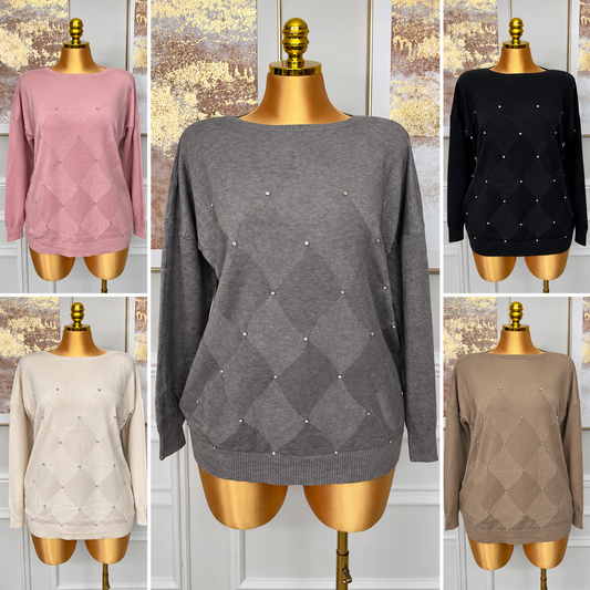 Diamante Diamond Pattern Knit Jumper – One Size UK10-20 THICC FASHIONS PLUS SIZE WOMENS