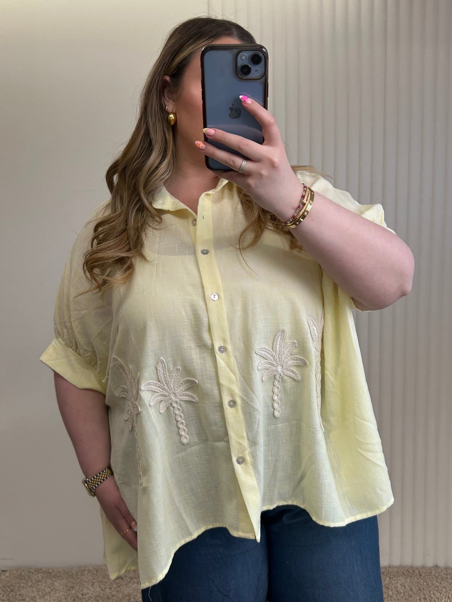 Oversized Yellow Palm Embroidered Shirt