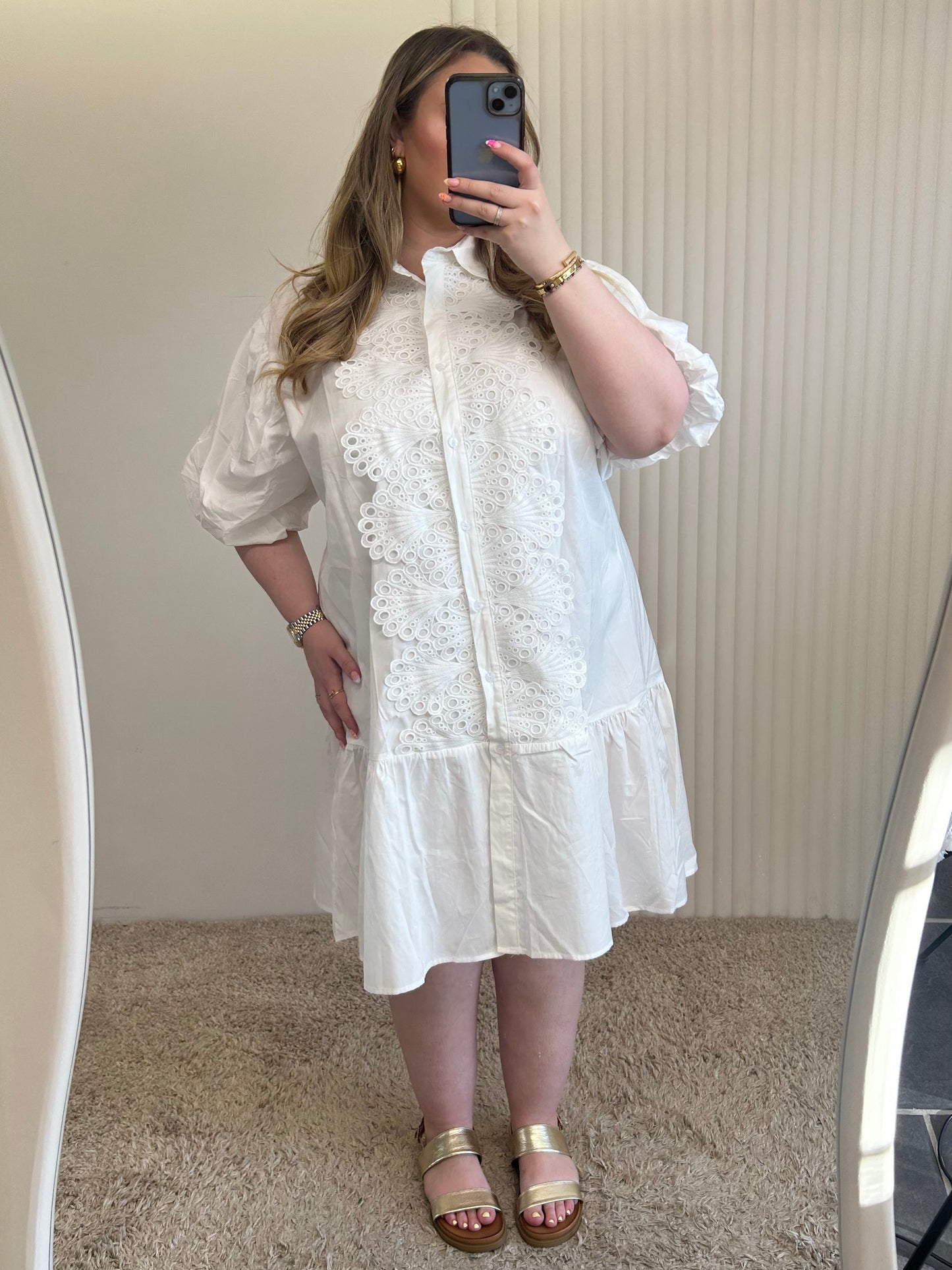 Eyelet Embroided Puff Sleeve Smock Dress