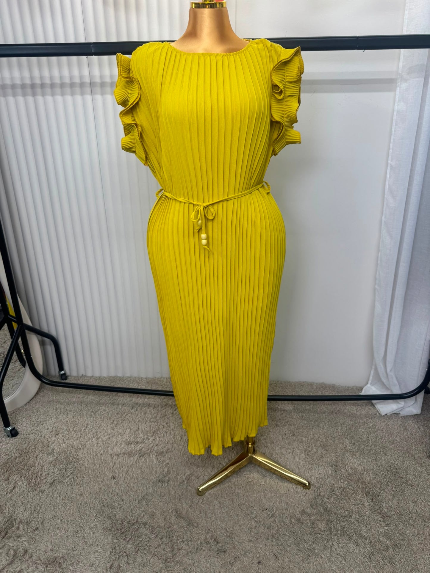 Pleated Frill Sleeve Midaxi Dress with Tie Waist – One Size UK 10–24