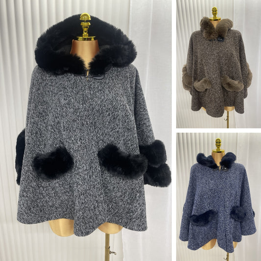 Luxury Faux Fur Trim Knitted Cape Poncho – Oversized Ladies Winter Wrap with Faux Fur Collar & Pockets - One size 10-24 THICC FASHIONS CURVE
