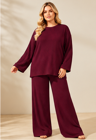 Ribbed 2 Piece Lounge Set – Wide Leg Trousers & Oversized Top | One Size UK10-24 Stretch Co-Ord Set THICC FASHIONS Curve Plus Size women’s