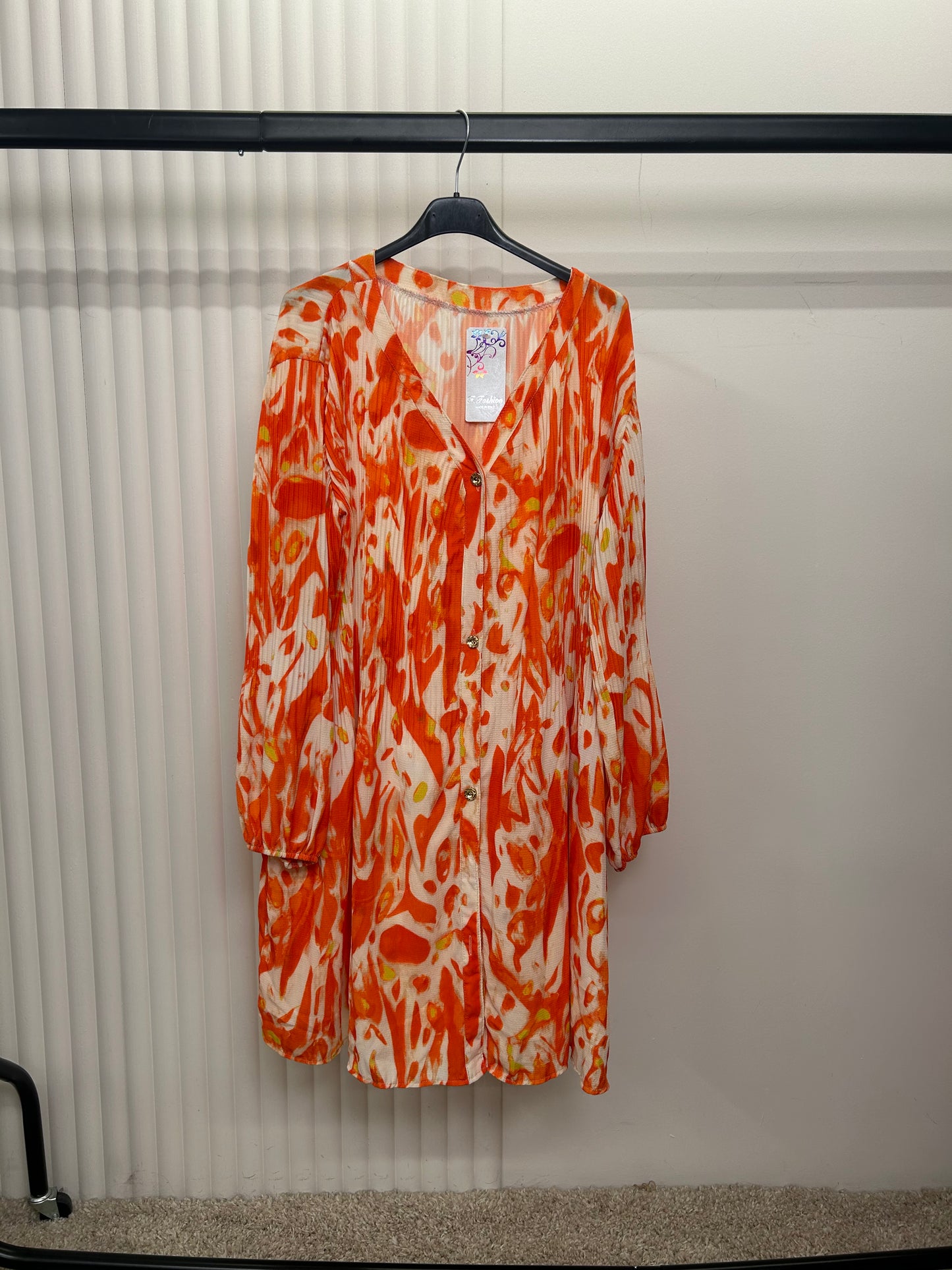 Pleated Print Tunic Shirt Dress – Relaxed Fit Button Front
