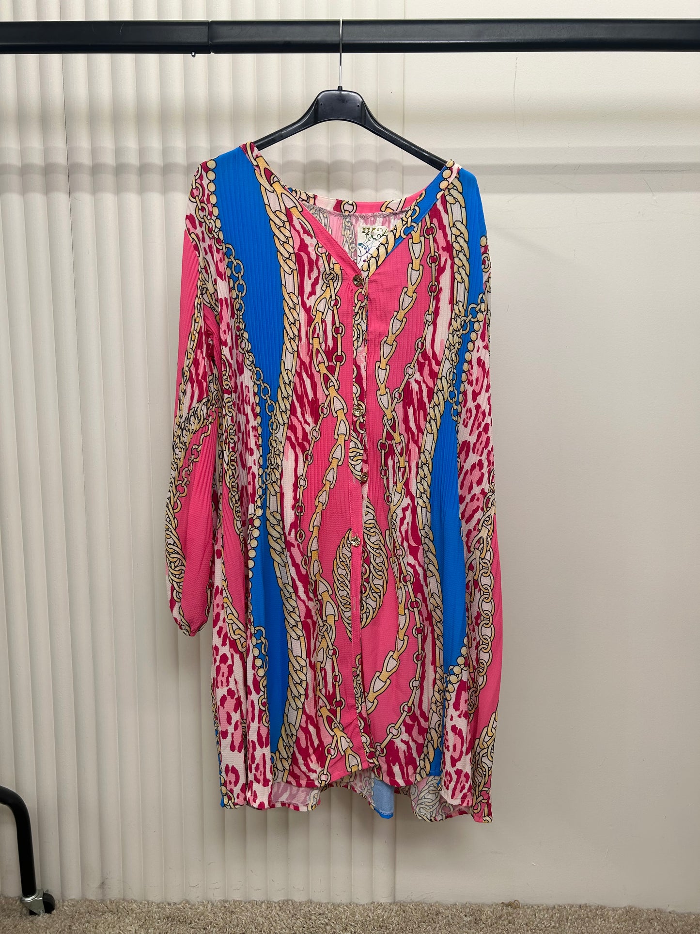 Pleated Print Tunic Shirt Dress – Relaxed Fit Button Front