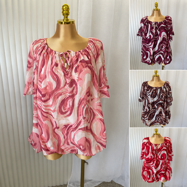 Abstract Swirl Tie Neck Blouse - One size UK10-24 THICCFASHIONS
