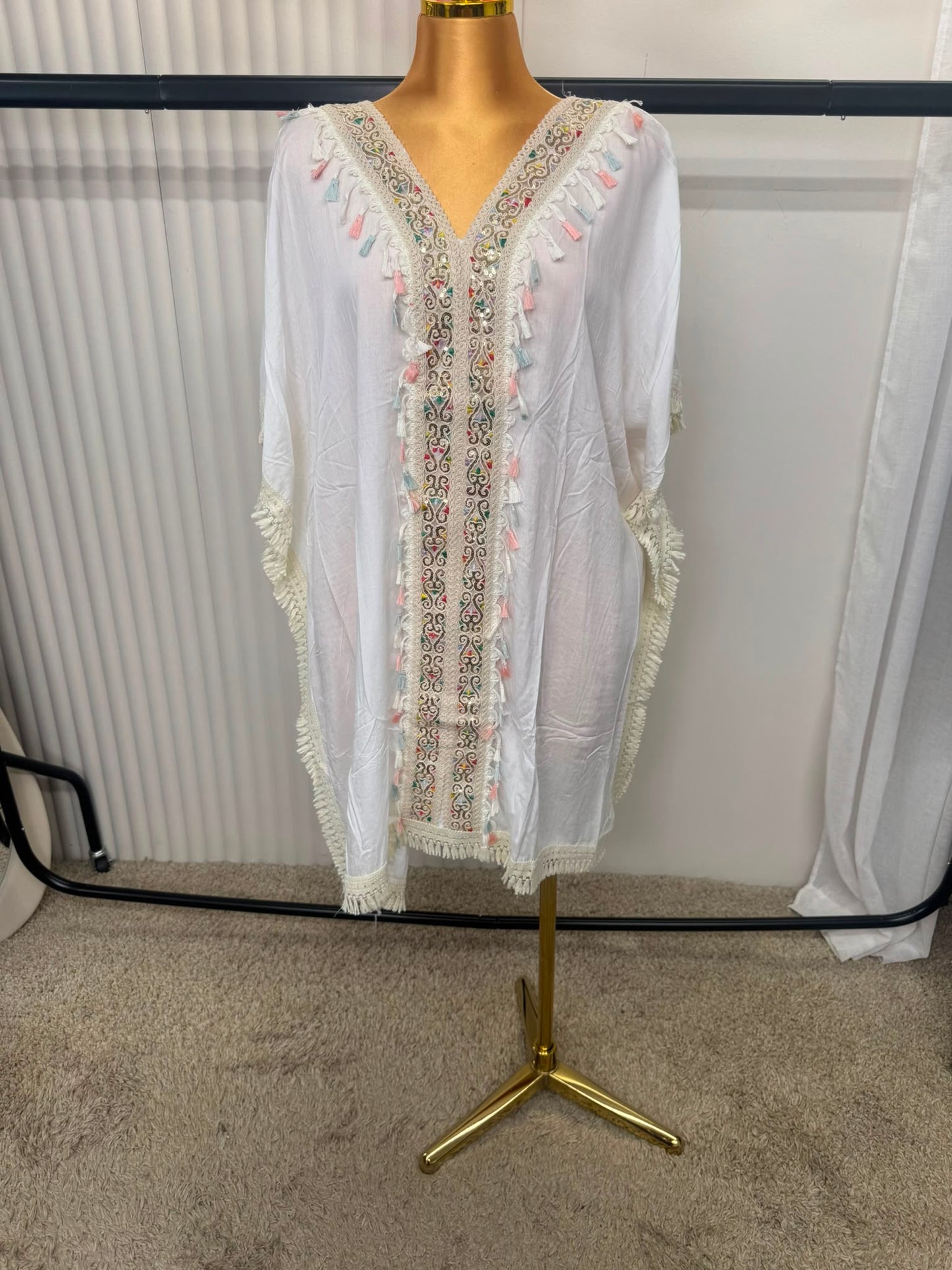 Boho Midi Tassel Trim Embroidered Kaftan Cover Up – One Size (UK 10–24)