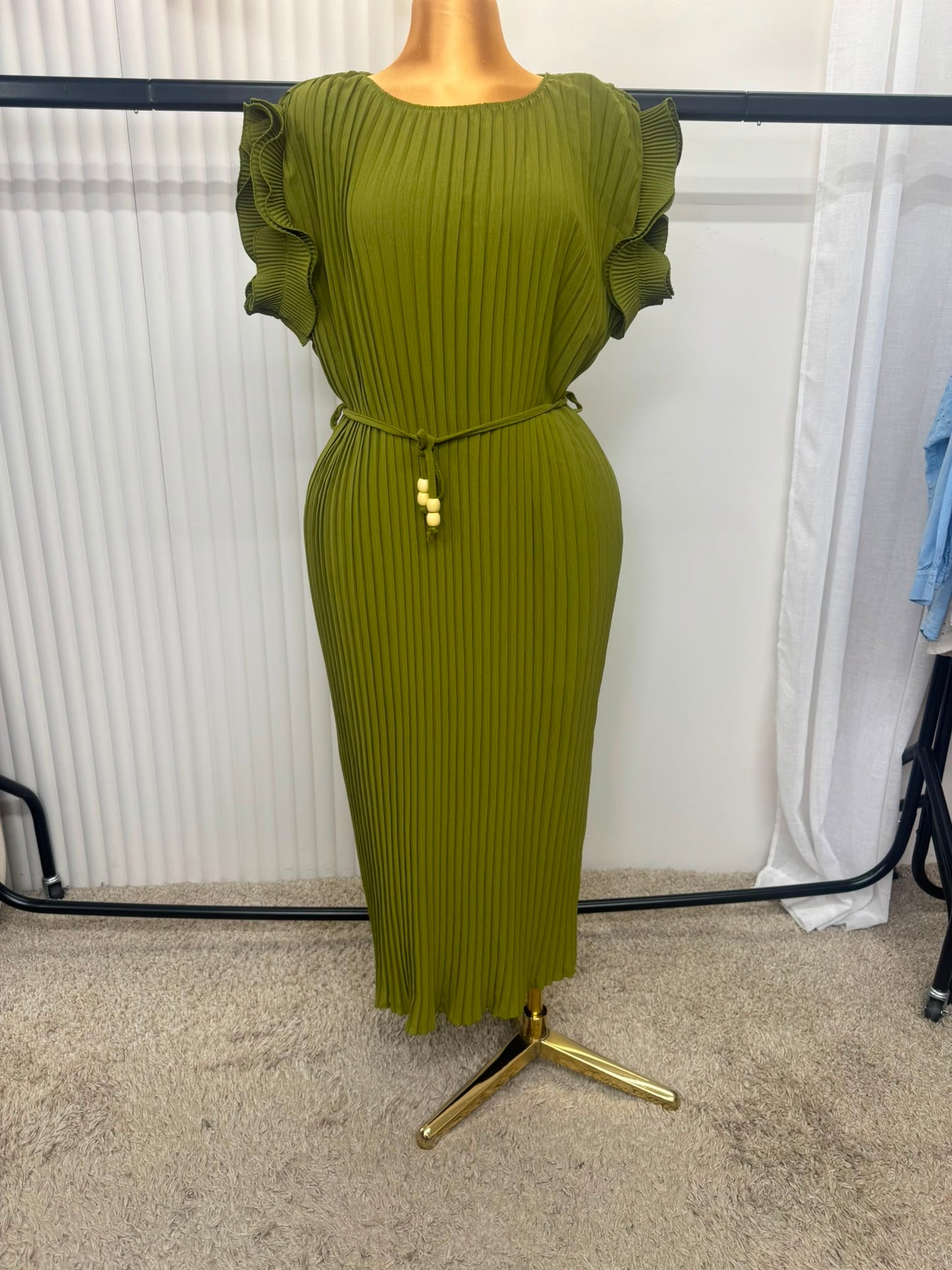 Pleated Frill Sleeve Midaxi Dress with Tie Waist – One Size UK 10–24
