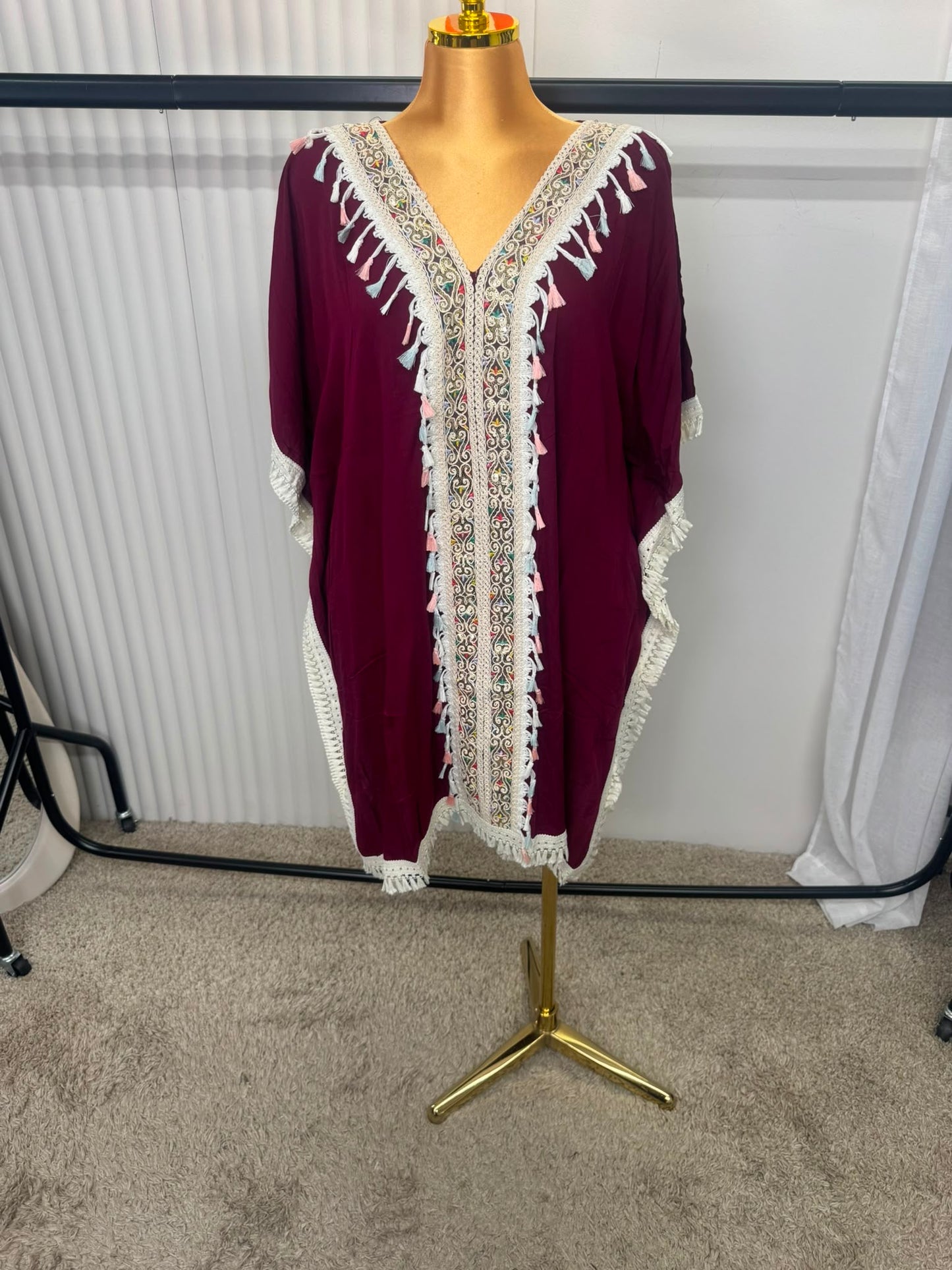 Boho Midi Tassel Trim Embroidered Kaftan Cover Up – One Size (UK 10–24)