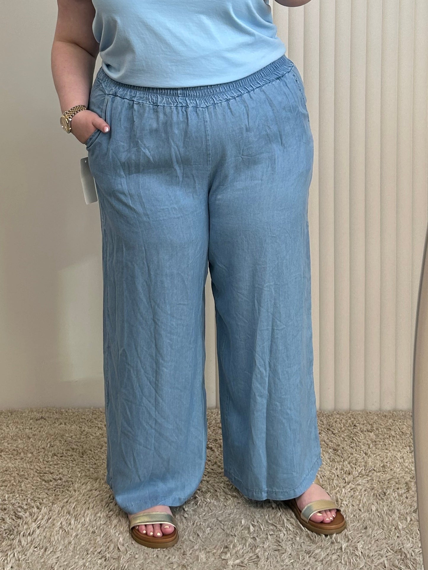 Lightweight Chambray Wide Leg Trousers