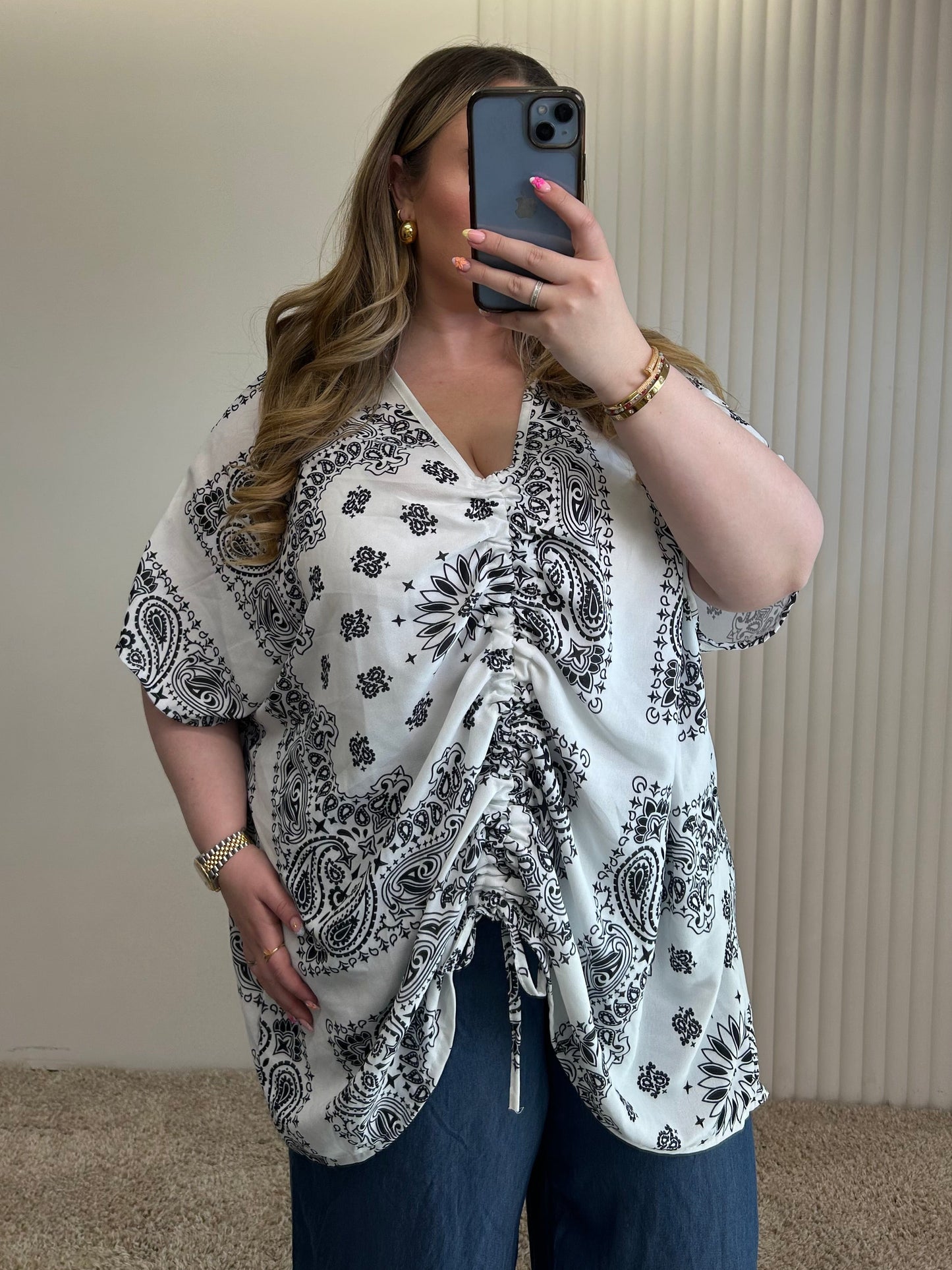 Ruched Front Paisley Print Oversized Blouse