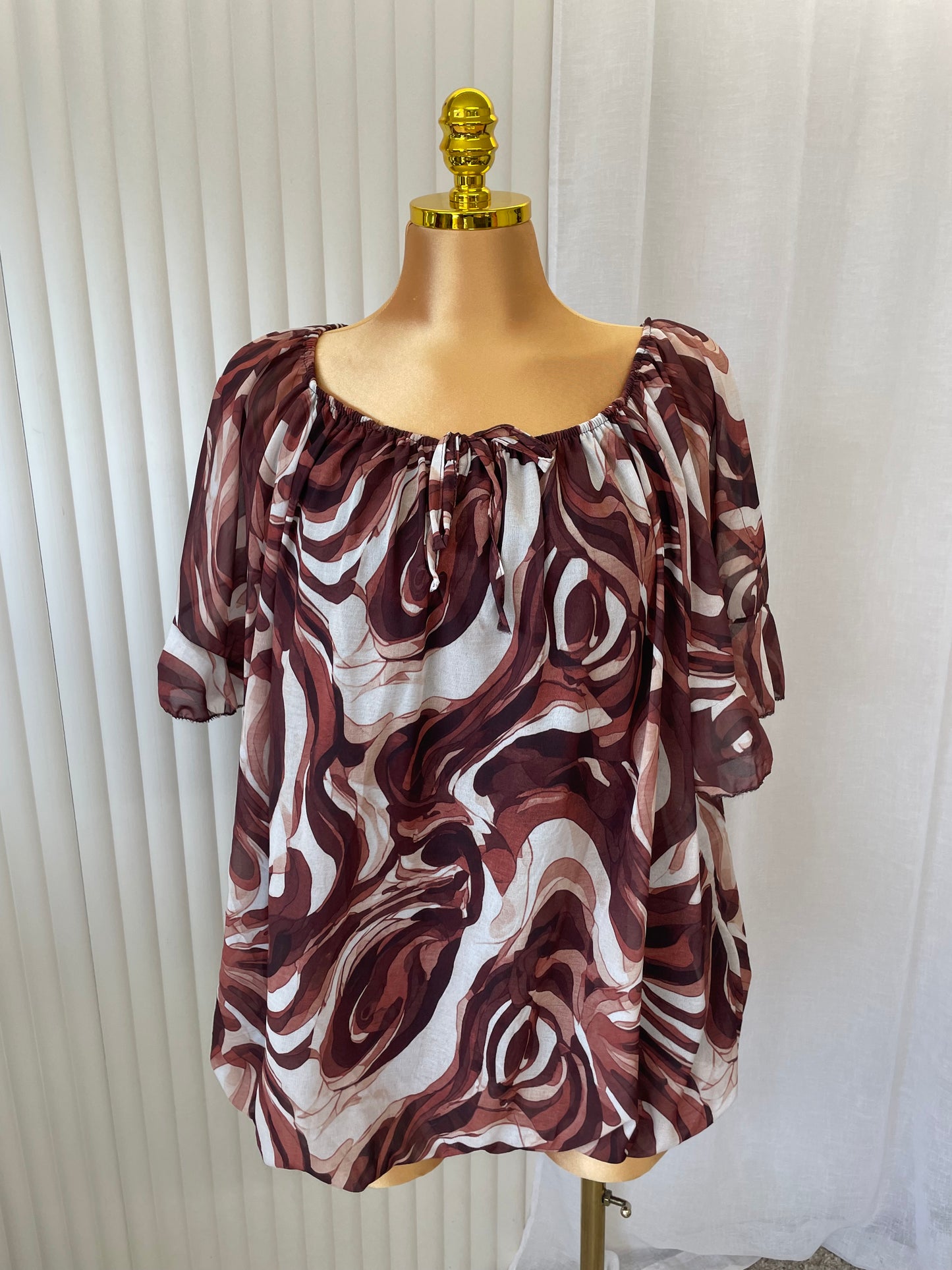 Abstract Swirl Tie Neck Blouse - One size UK10-24 THICCFASHIONS