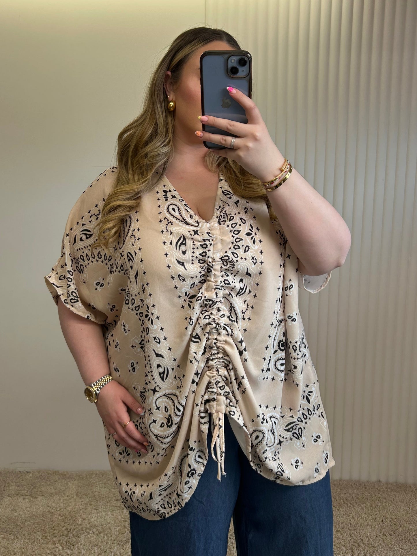 Ruched Front Paisley Print Oversized Blouse