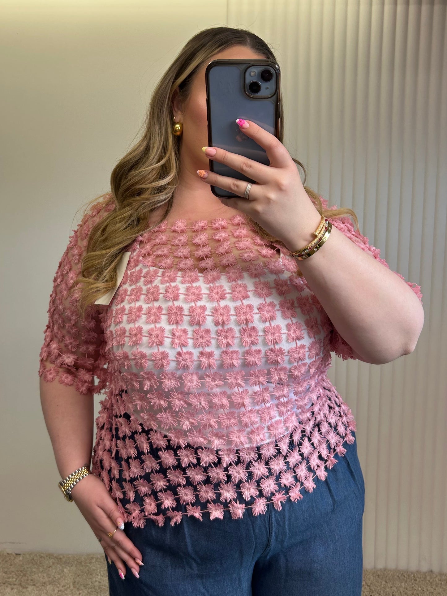 Floral Appliqué Sheer Top