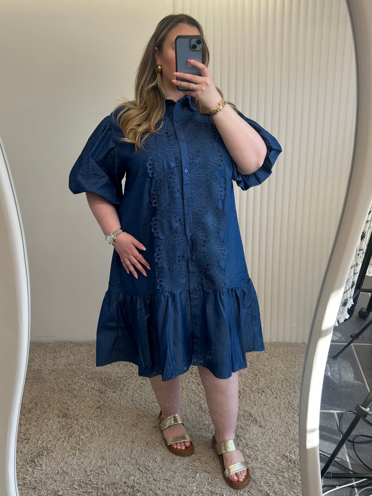 Eyelet Embroided Puff Sleeve Smock Dress